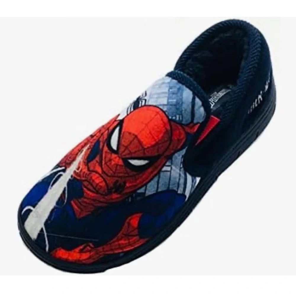 Boys Spiderman Slippers Marvel‎ Slip On Kids Size 8 Fleece Insole Navy Spidey